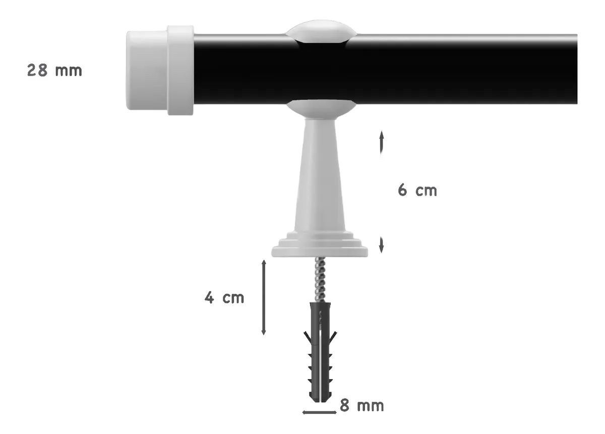 Varão de Cortina 28mm Branco com Preto 1,80m